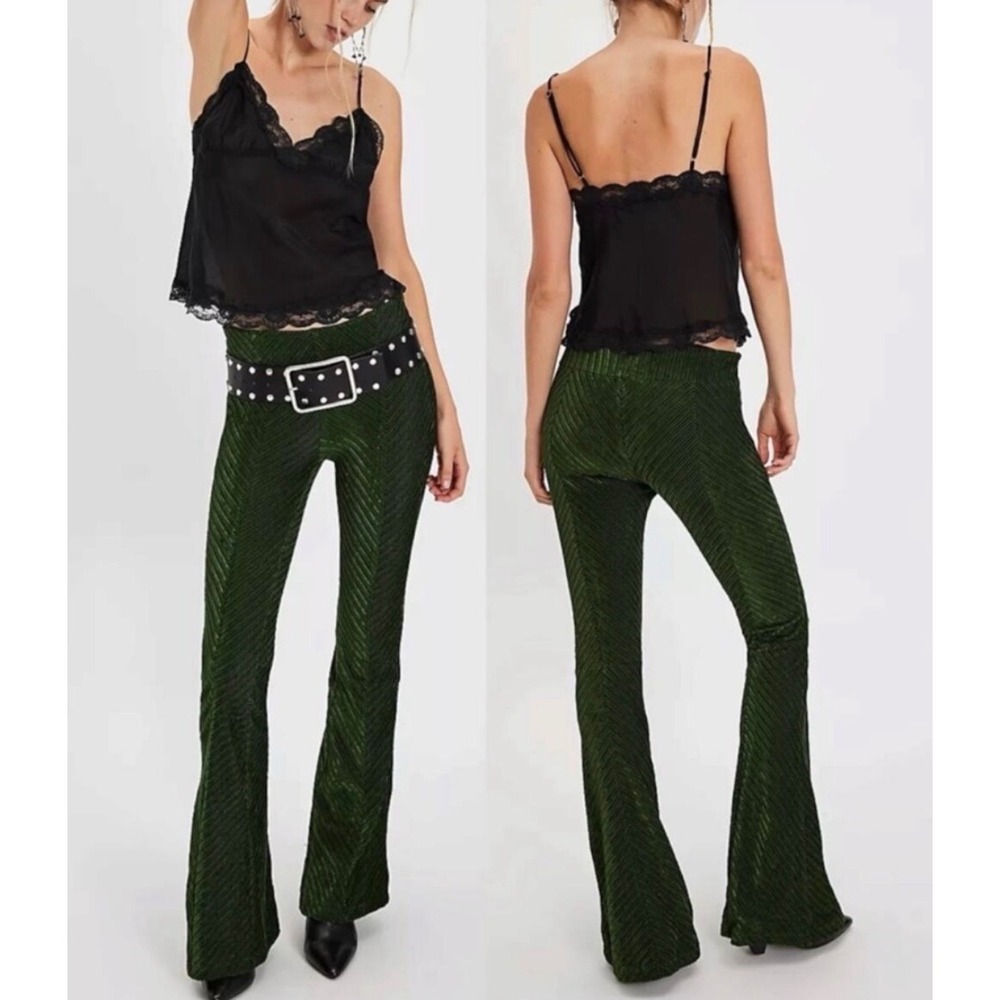 Free People Penny Pull On Velvet Flare Pants Womens XS Green Ribbed Bell Bottoms